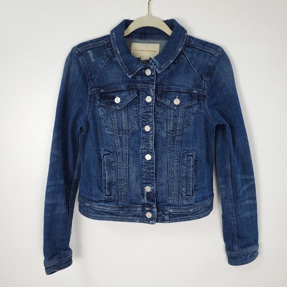 Pilcro Anthropologie Denim Jacket Womens Medium Blue Distressed Letterpress - Picture 1 of 11
